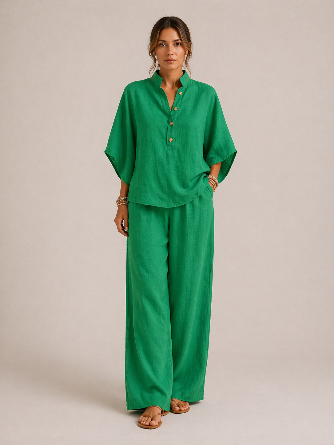 Mariel | Conjunto de lino con mangas murciélago y pantalones amplios