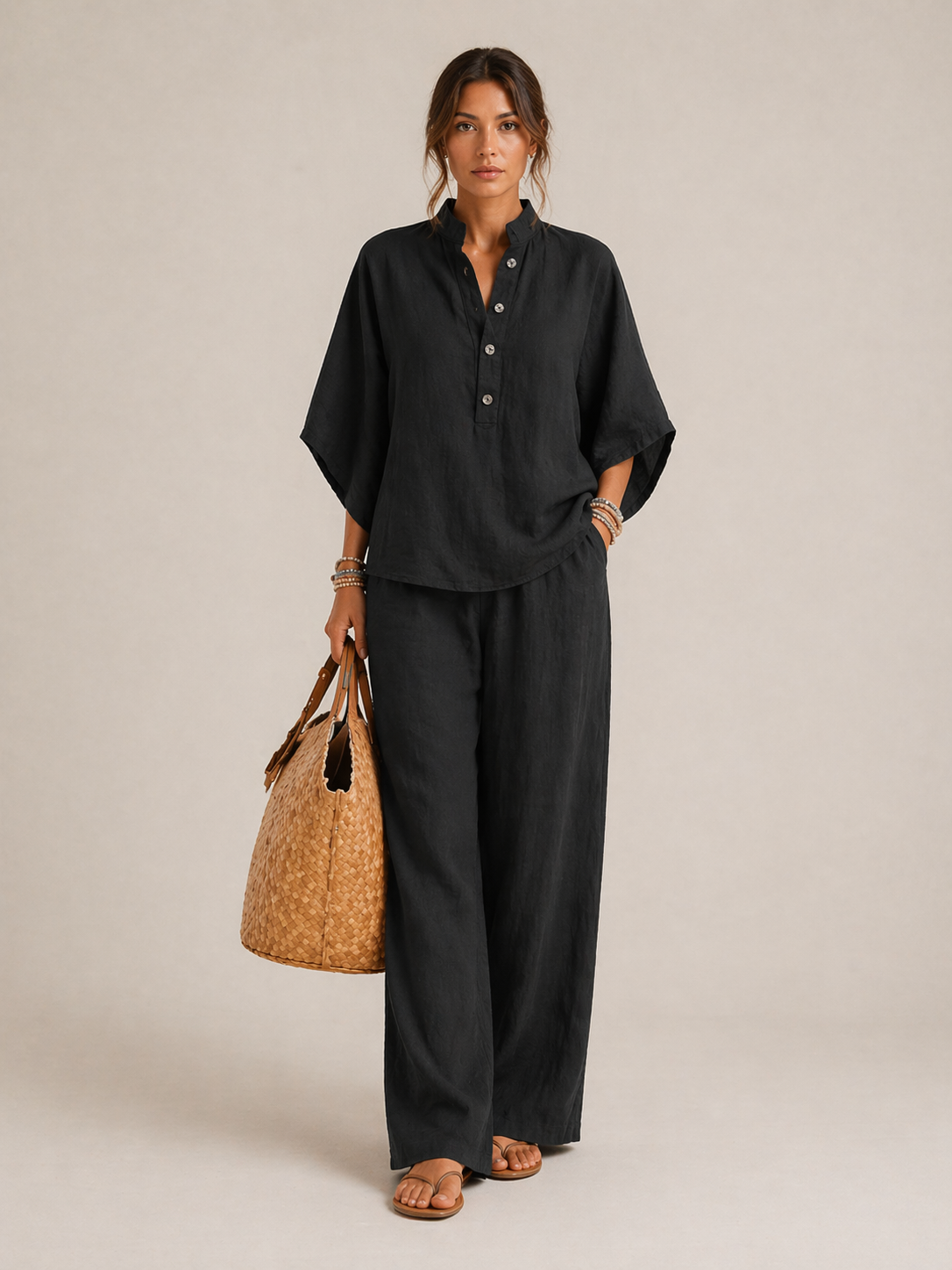 Mariel | Conjunto de lino con mangas murciélago y pantalones amplios