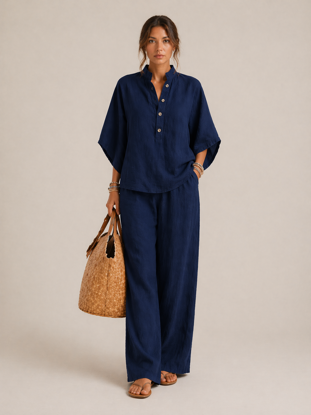 Mariel | Conjunto de lino con mangas murciélago y pantalones amplios