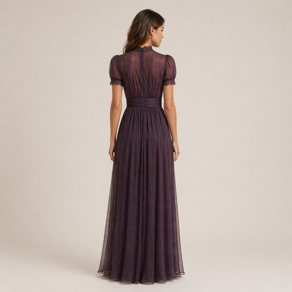 Flavia - Vestido largo violeta con escote en forma de lágrima y borde en encaje de chiffon