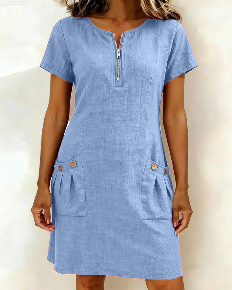 Alessia™ | Vestido de Lino y Algodón con Bolsillos de Cremallera