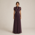 Flavia - Vestido largo violeta con escote en forma de lágrima y borde en encaje de chiffon