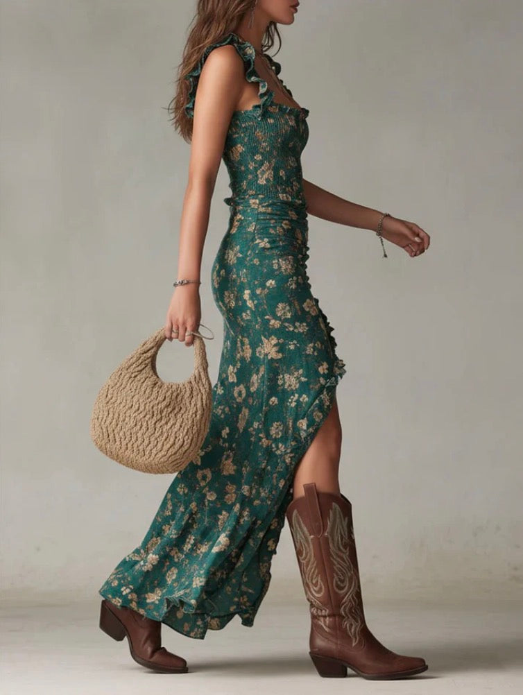Zara | Vestida maxi boho retro con mangas fluidas y abertura lateral