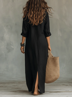 Soline | Vestido Largo Negro Amplio con Botones
