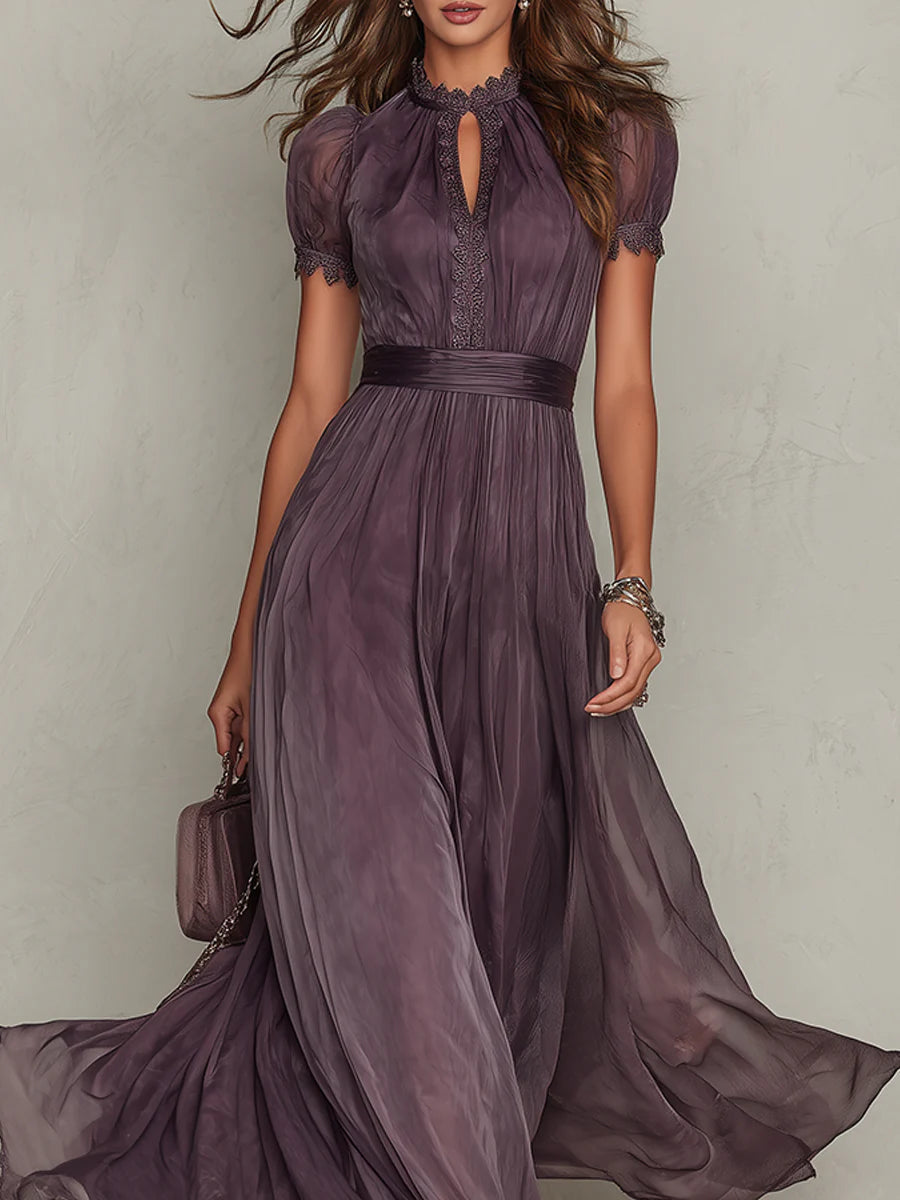 Flavia - Vestido largo violeta con escote en forma de lágrima y borde en encaje de chiffon