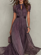 Flavia - Vestido largo violeta con escote en forma de lágrima y borde en encaje de chiffon