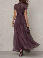 Flavia - Vestido largo violeta con escote en forma de lágrima y borde en encaje de chiffon