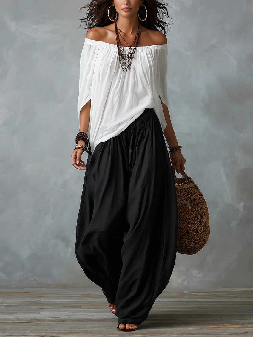 Talia | Conjunto Top Hombros Descubiertos y Pantalón Palazzo