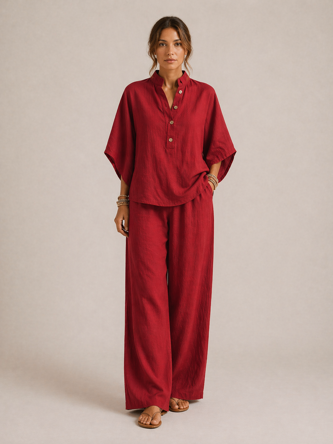 Mariel | Conjunto de lino con mangas murciélago y pantalones amplios