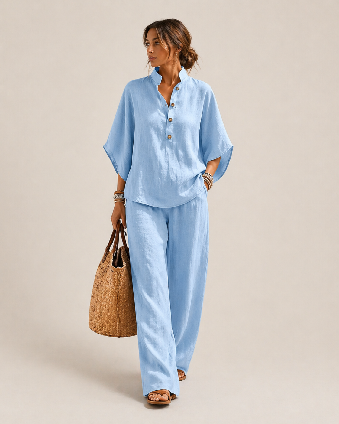Mariel | Conjunto de lino con mangas murciélago y pantalones amplios