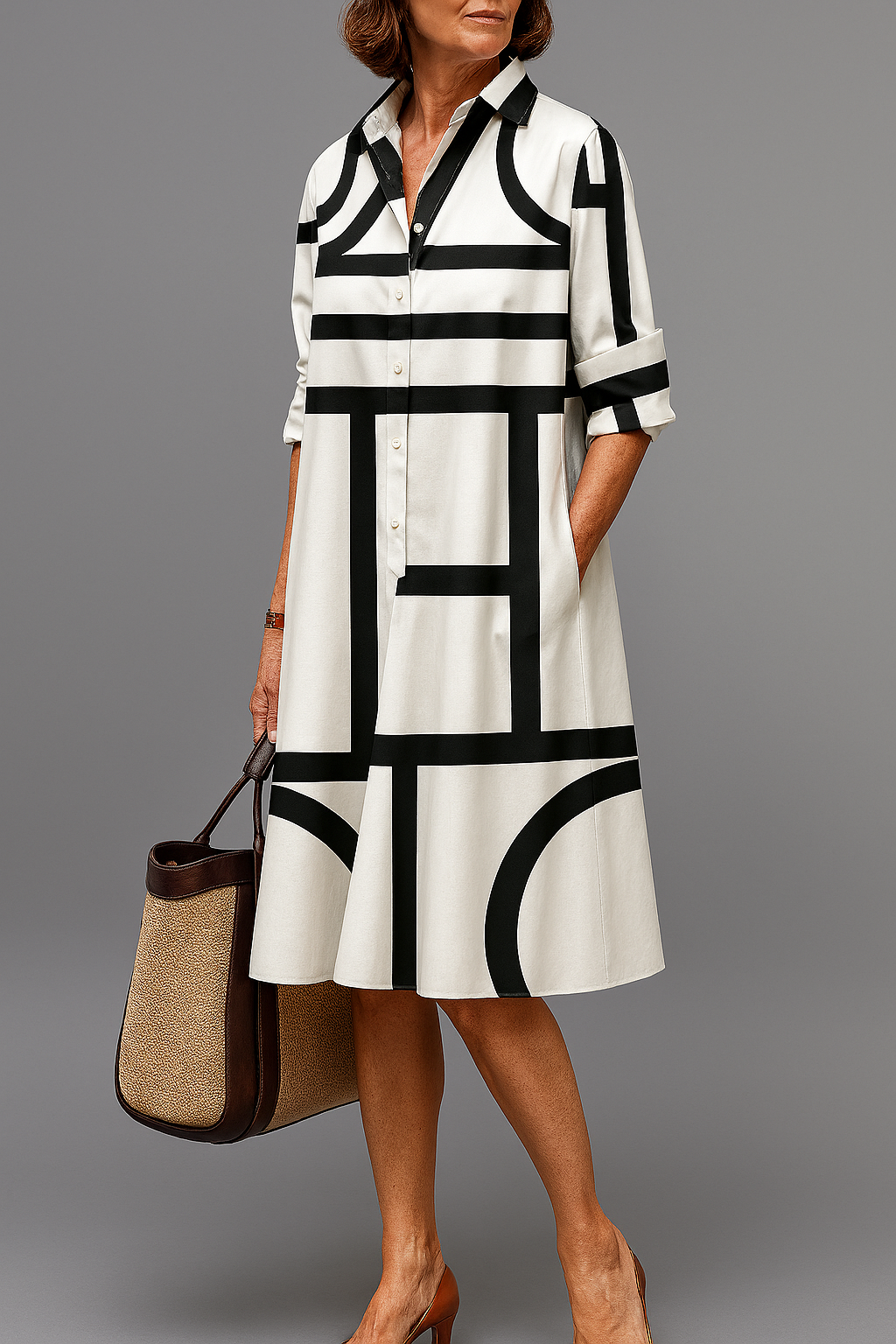 Ellie | Vestido Camisero Midi Blanco y Negro