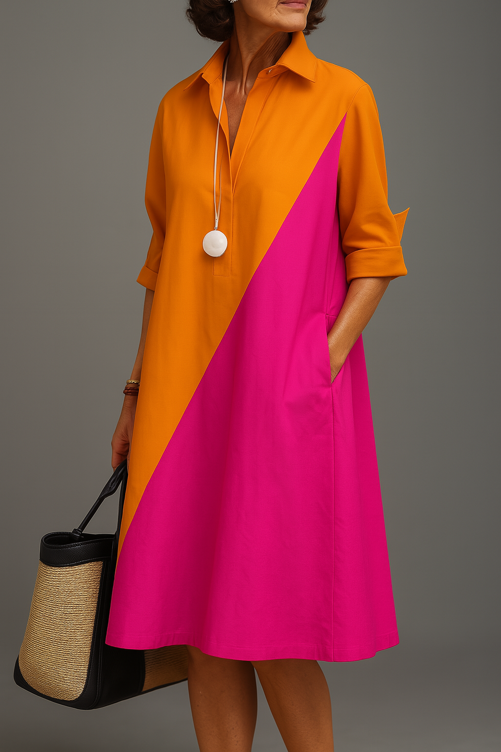 Kayla | Vestido Camisero Midi Naranja y Rosa