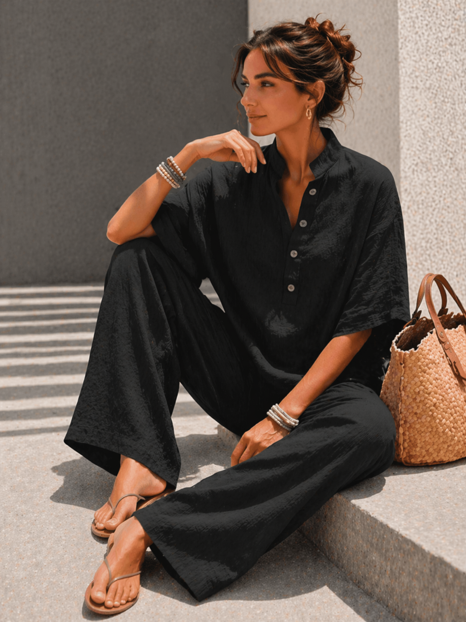 Mariel | Conjunto de lino con mangas murciélago y pantalones amplios