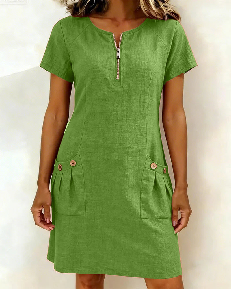 Alessia™ | Vestido de Lino y Algodón con Bolsillos de Cremallera