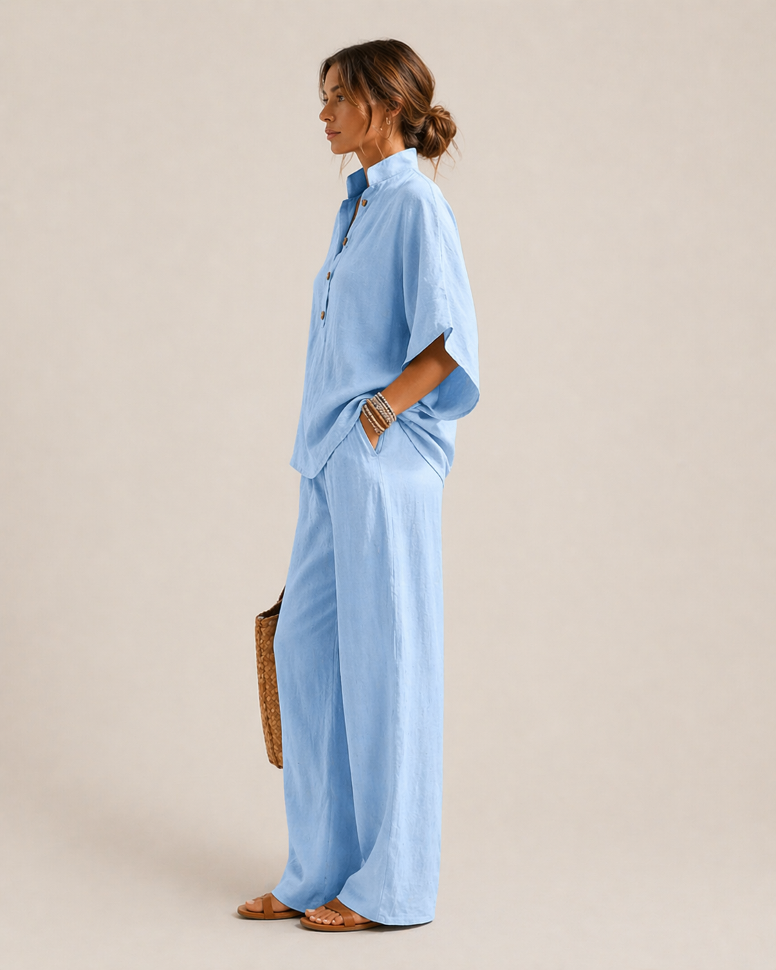 Mariel | Conjunto de lino con mangas murciélago y pantalones amplios