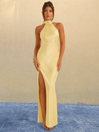 Mariluz | Vestido maxi de satén elegante con escote halter