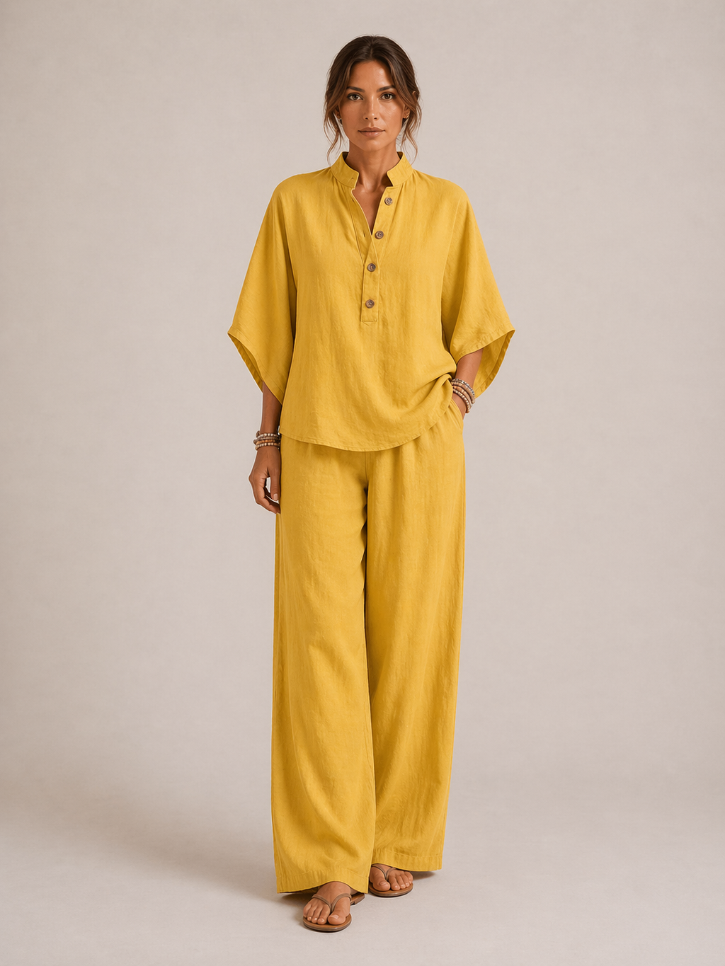 Mariel | Conjunto de lino con mangas murciélago y pantalones amplios