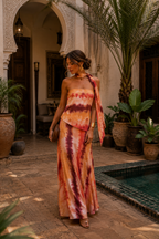 Coral | Vestido largo estampado con escote palabra de honor